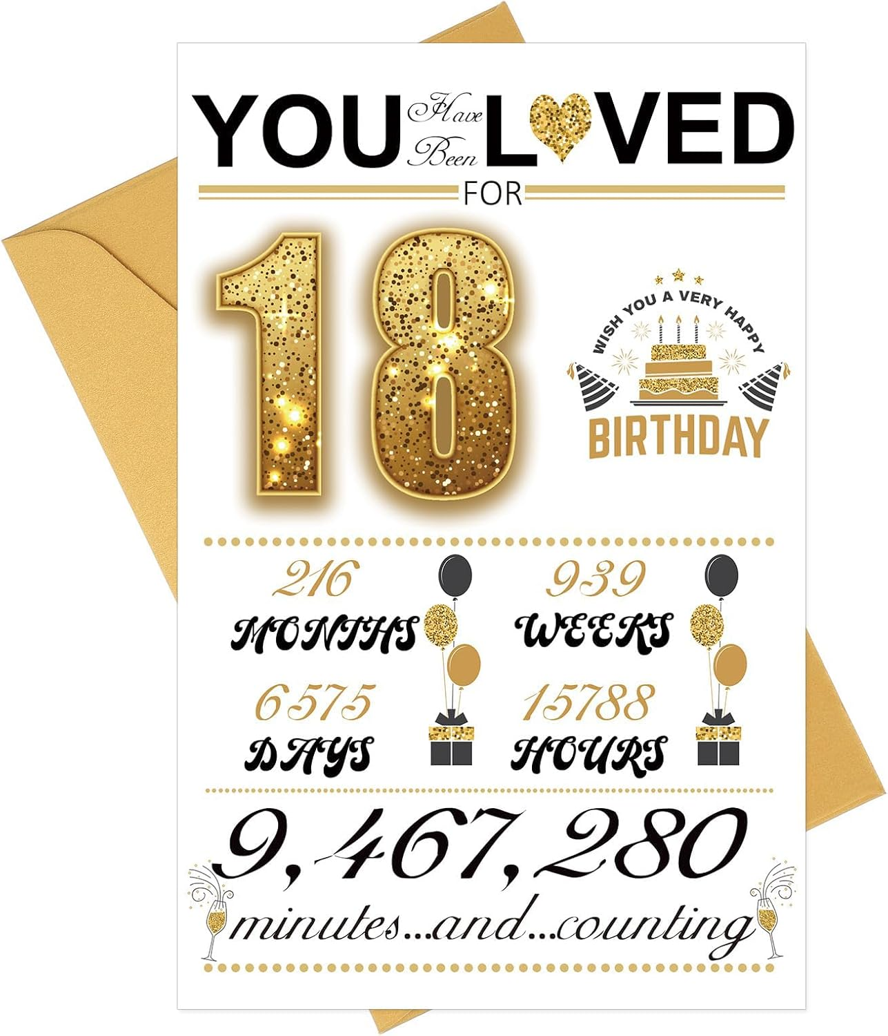 AIQIUQIU 18Th Birthday Card for Boys Girls, Funny Greeting Card with Several Important Time (Years/Months/Weeks/Days/Hours/Minutes), Party Decor Supply Ideas Birthday Card for Him or Her, Gold image number 5