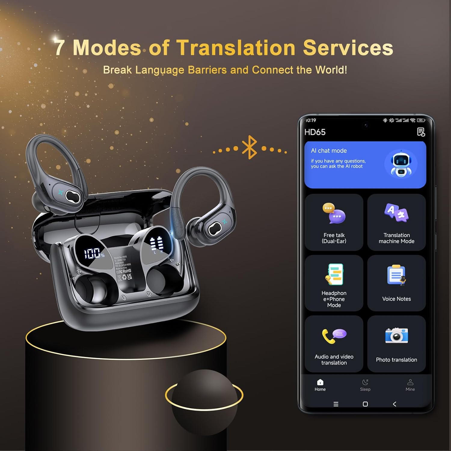 Stecei AI Language Translation Earbuds Real Time, 3-In-1 Translator Earbuds with 6 Translation Modes/164 Language, 75H Bluetooth 5.4 Headphones Translating Device for Travel/Business//Leaning, Black image number 4