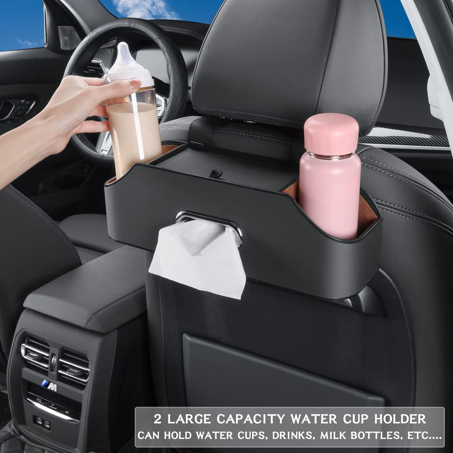 HOLDCY Car Back Seat Organizer with 2 Drink Cup Holder - Tissue Box and Storage Box Hook - Multi-Functional Storage - Great for Kids and Travel (Black) - Blue image number 3