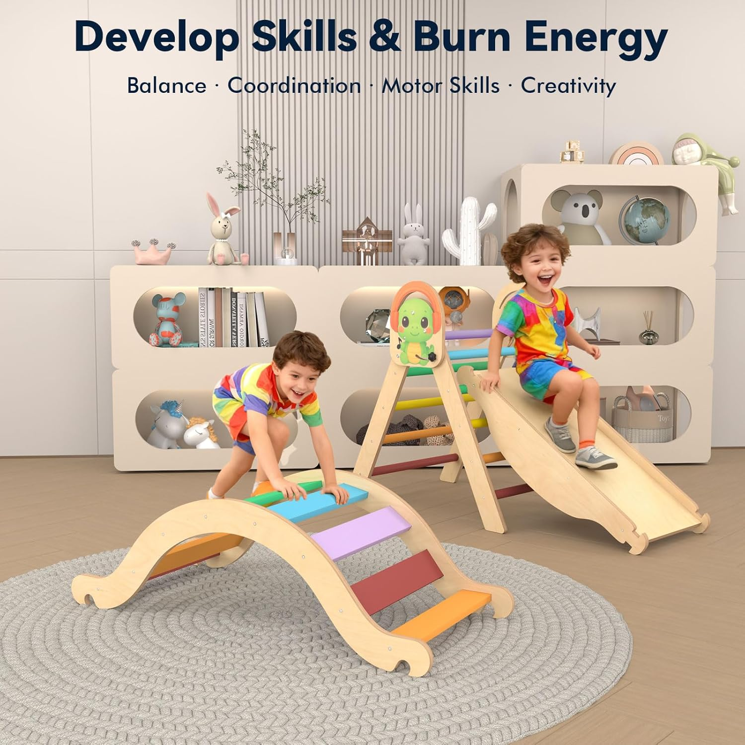 Dinosaur Theme Pikler Triangle Set &ndash; 10 in 1 Montessori Toddler Climbing Toys Indoor Playground with Foldable Wooden Climber with Slide, Rocking Arch, Play Tunnel, Bridge, Table, Indoor Jungle Gym image number 3