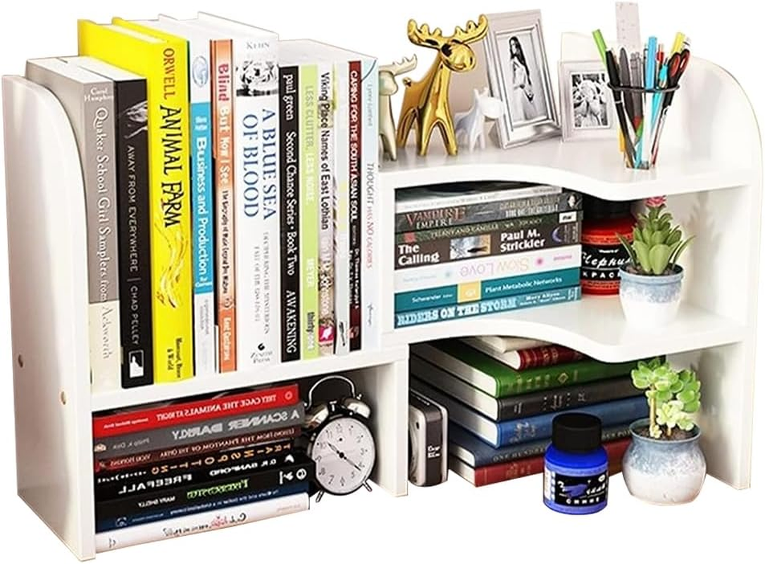 Wood Desktop Bookshelf Adjustable Desk Storage Rack Display Shelf Desk Storage Organizer Display Shelf for Home Office