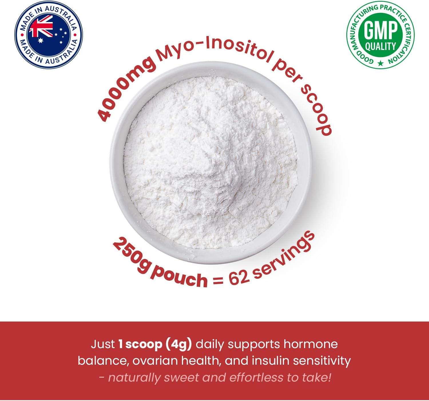 High Strength Inositol 1000Mg TGA Listed Pharmaceutical Grade Powder 250G - 4000Mg per Serving 2 Month Supply | PCOS, Hormone Balance, Insulin Resistance | Non-Gmo, Gluten Free, Vegan
