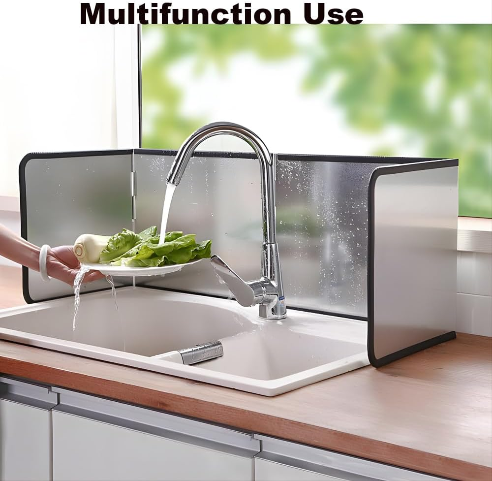 4 Sided Grease Splatter Guard, Foldable Splatter Screen for Stove Stainless Steel Oil Splash Baffle Plate Backsplash for Wall Gas Range Frying Pan Camping image number 1