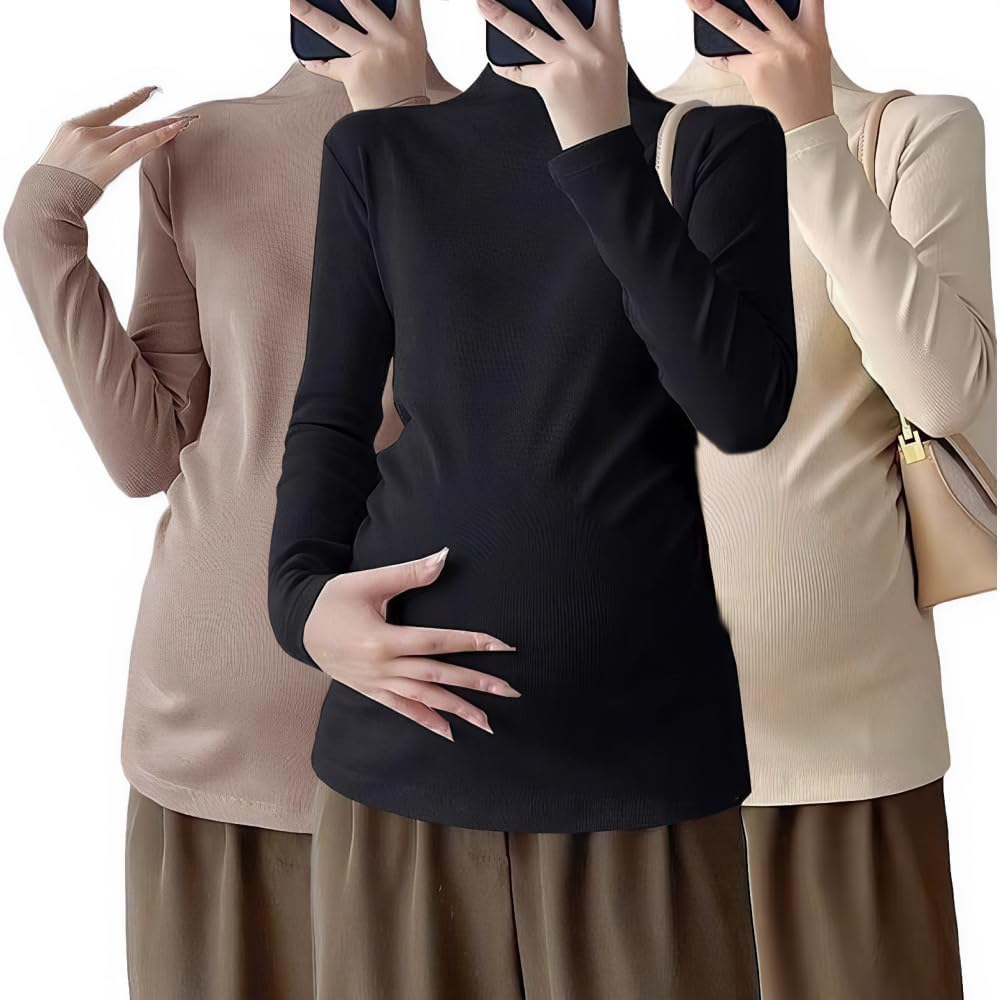 Maternity Long Sleeve T-Shirt &ndash; Soft Stretch Mock Neck Base Layer Top for Fall Winter, Thermal Lightweight Undershirt