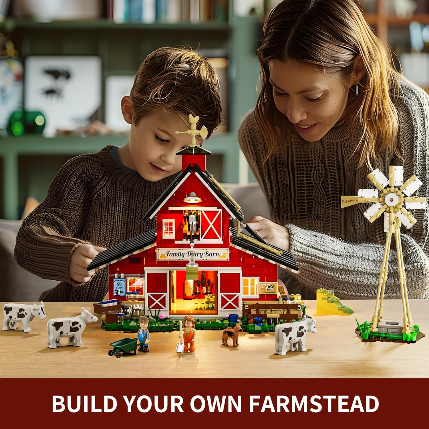 FUNWHOLE Farm Cow-Barn Lighting Building-Bricks Set - Farm Life Cow Barn House Collection LED Light Building Construction Set 1368 Pcs for Adults and Teen image number 3
