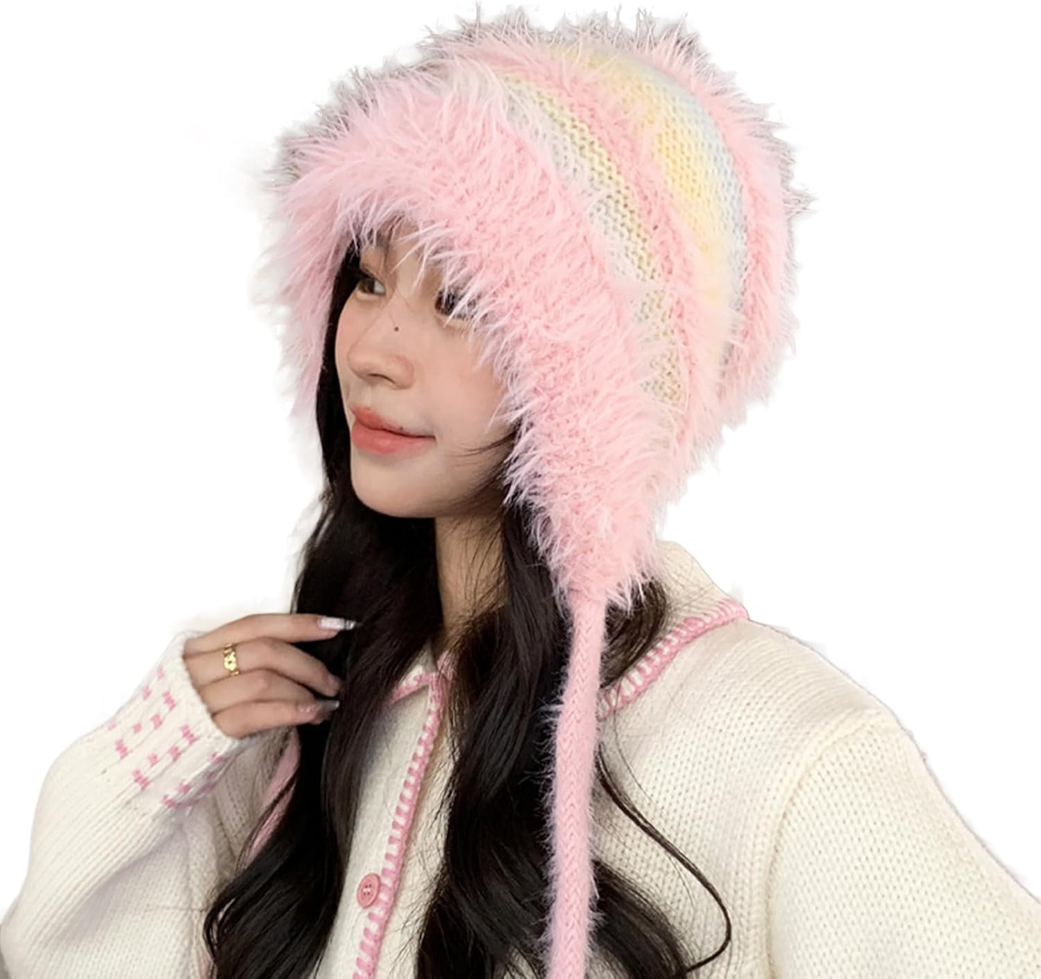 AWOCAN Women Fluffy Faux Fur Hat Winter Knitted Slouchy Beanie Cap Windproof Cover Ears Beanie Hat