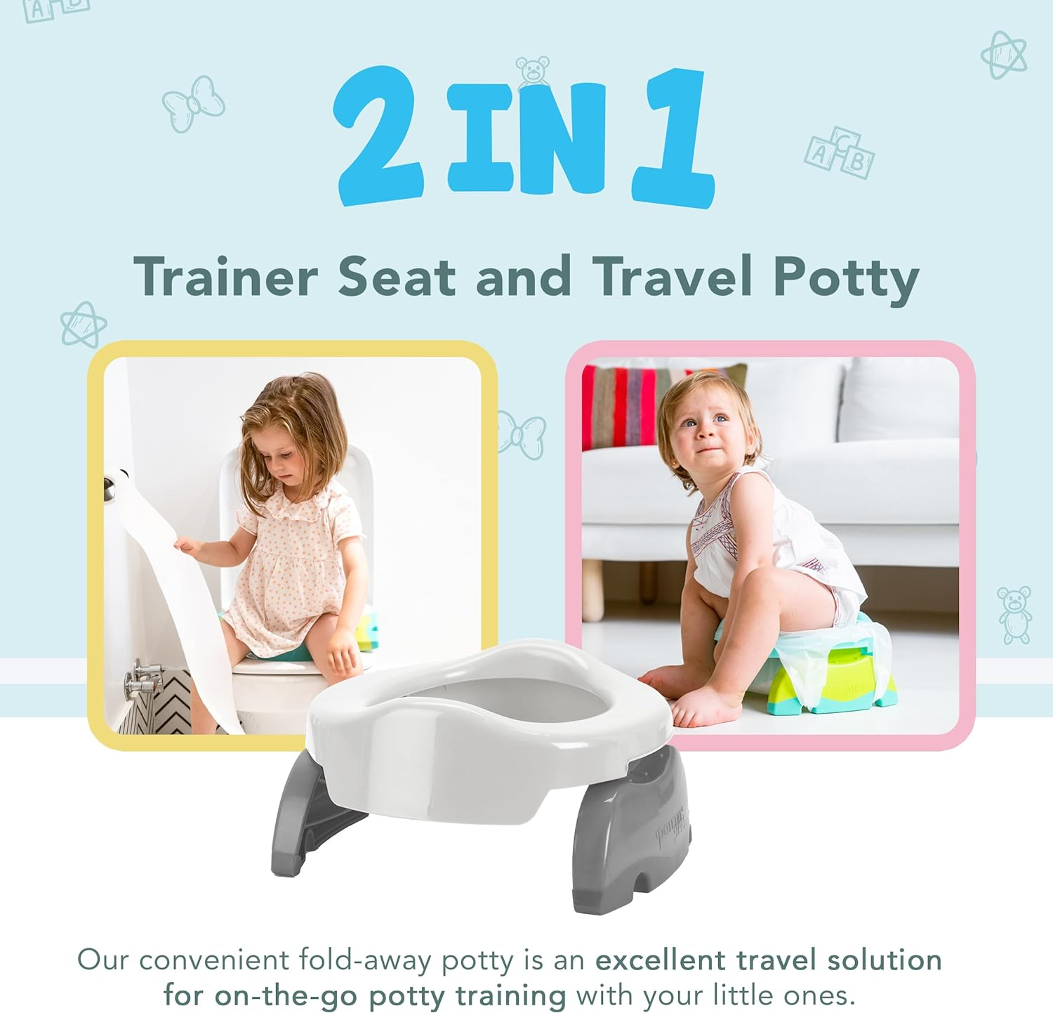 Kalencom Potette plus 2-In-1 Travel Potty and Trainer Seat - Dual-Purpose Potty Training Toilet Seat - Portable Potty for Toddler Travel - with Durable, Lock-In Legs and Splash Guard - White/Gray image number 5