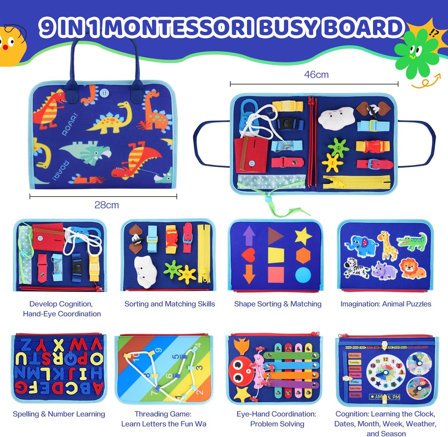 Xkimos Busy Board, Toddler Busy Board Montessori, Toddler Sensory Toys Preschool Educational Busy Book Travel for Toddlers 3 4 5 Year Old Girls Boys Plane Car Activities Baby Quiet Book (Blue) image number 2