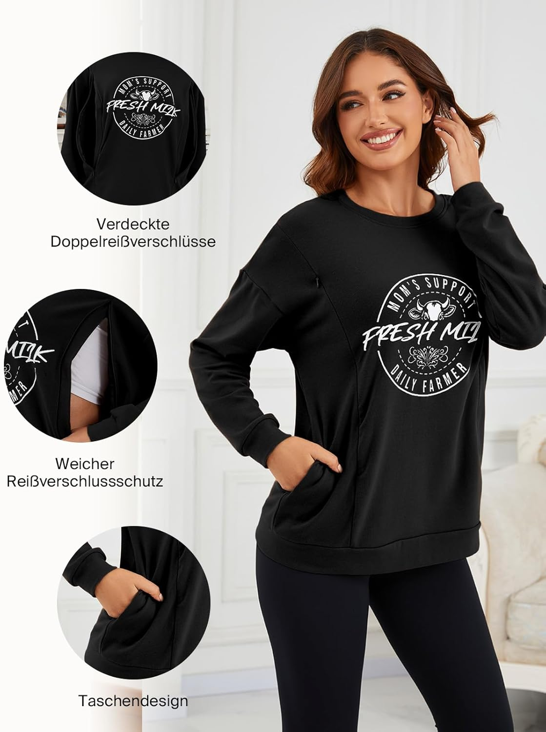 Love2Mi Women'S Long-Sleeved Nursing Shirt Casual Invisible Zip Sweatshirt for Breastfeeding Maternity Wear with Pocket image number 2