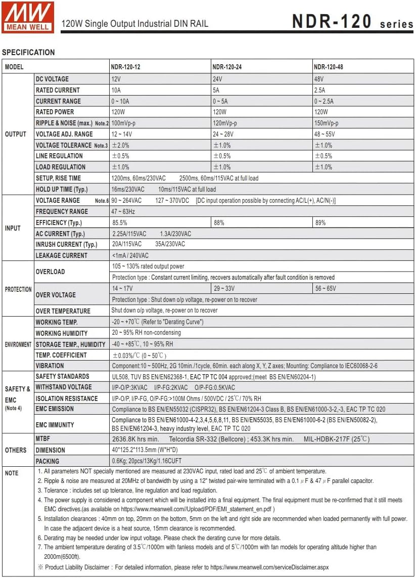 NDR-120-24 Genuine Mean Well DIN Rail Power Supply 24V 5A 120W - 24V image number 5