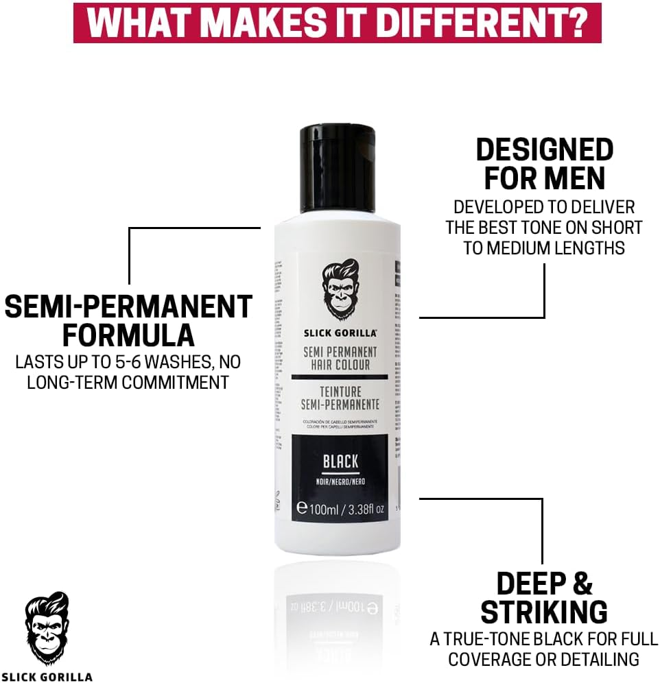 Slick Gorilla Semi Permanent Black Hair Dye for Men 3.38 Fl Oz | Vegan Hair Color | Cruelty Free Beard and Hair Dye | Conditioning and Nourishing Formula | Lasts 5 6 Washes | Temporary Hair Color image number 5