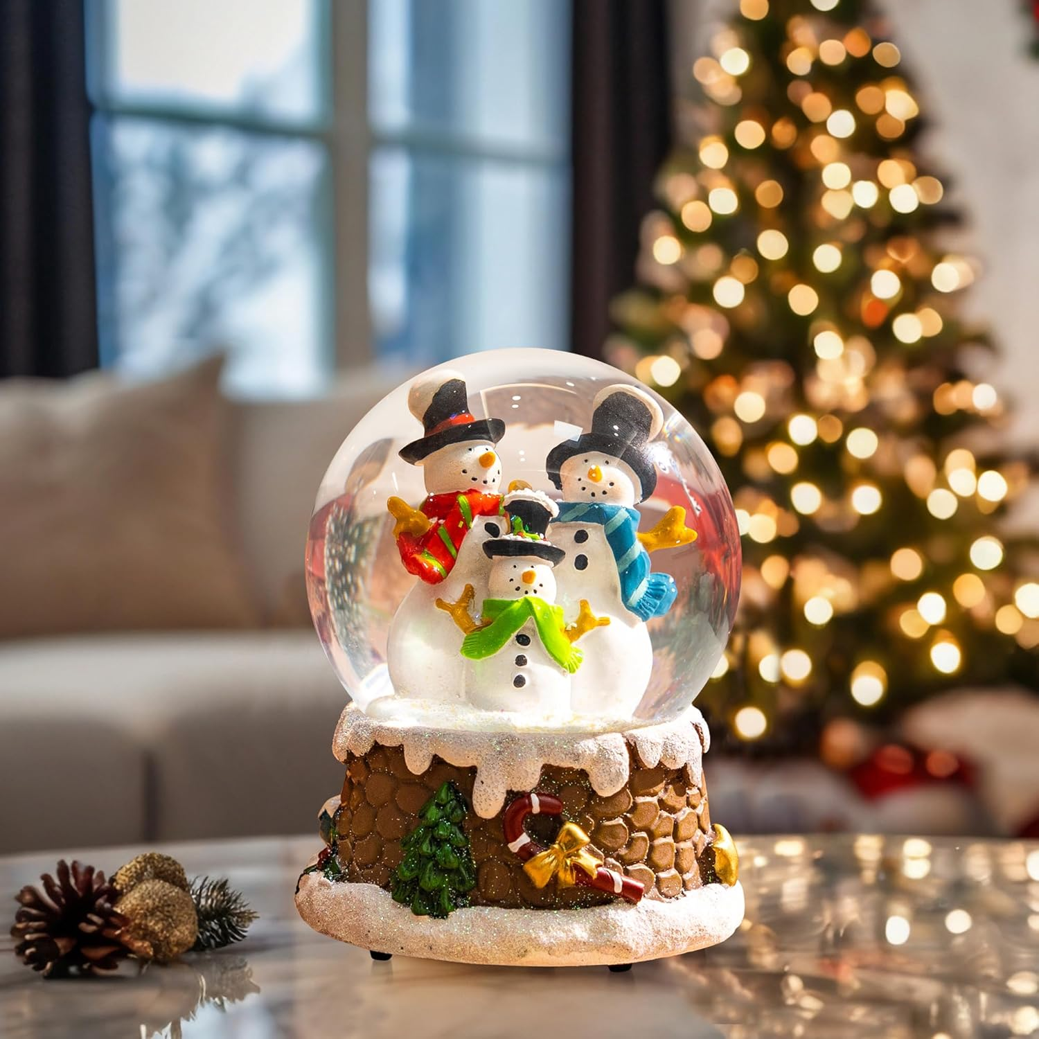 Snow Globes Glitter Water Globe Decoration Musical Snow Globes Decor Plays We Wish You a Merry Christmas, 100Mm, Three Snowmen image number 1