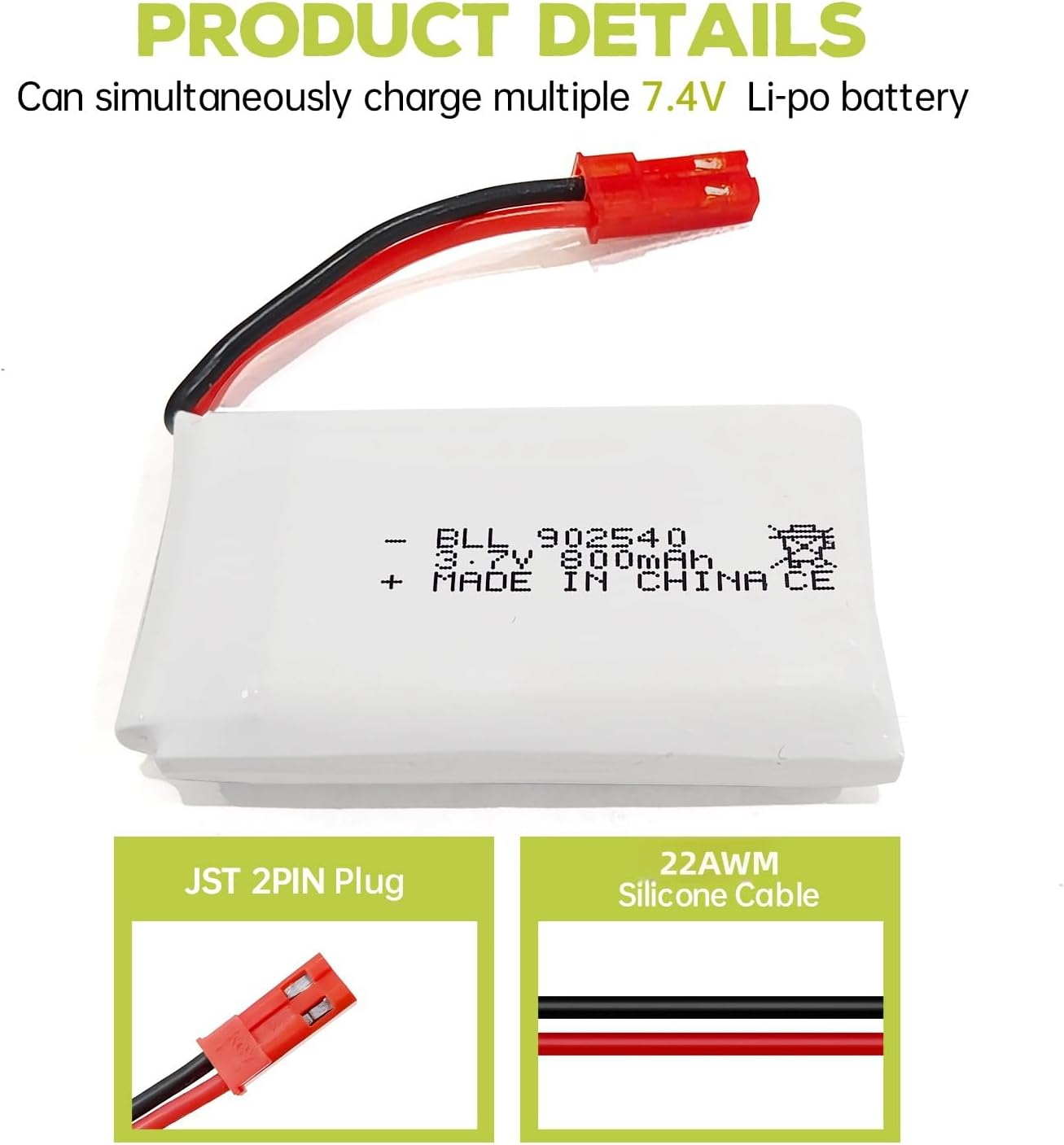 5PCS 3.7V 800Mah Lipo Battery Remote Control Drone Battery with 5In1 Charger JST Plug Suitable for SYMA X56W MJX X400W X300C X800 HS110 HS200 S670 V950Hd S1750 V2450 RC Quadcopter Battery