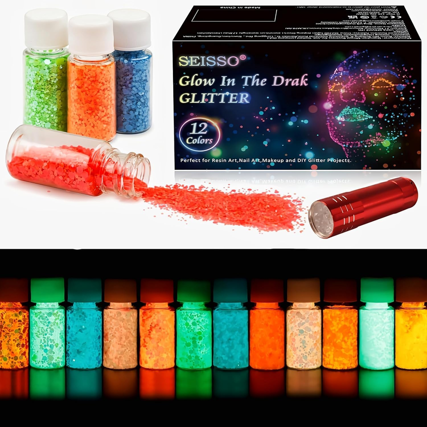 Glow in the Dark Powder 6 Colors - 120G Set 20 G/0.7Oz Each with FREE UV Light | for Halloween, Nail Polish, Crafts, Slime, Epoxy Resin | Bright Luminous for Hours Pigment Safe for Skin & Crafts