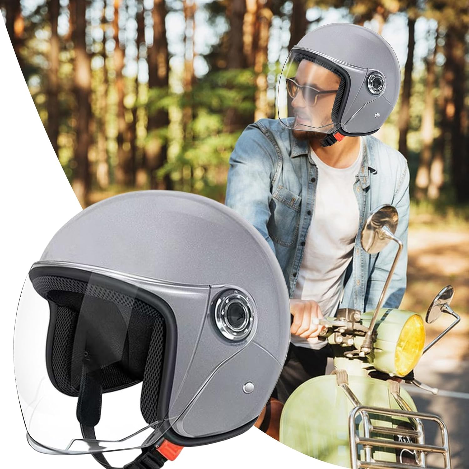 Open Face Motorcycle Helmet, Helmets Motorbike Adult, 3/4 Motorcycle Helmets with Clear Visor, Motorcycles Half Helmet, Moped Scooter Helmetss Four Season for Women, Men image number 3