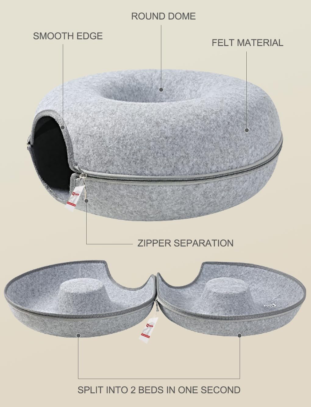 Cat Tunnel Bed for Indoor Cats - House Donut for Pet Cave, Detachable round Felt & Washable Interior Play Tunnel (60X60X27Cm, Light Grey) image number 1