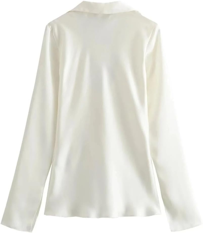 Women'S Satin Lapel Blouses Long Sleeve Bow Lace-Up Shirt Casual Slim V-Neck Tops Streetwear image number 4