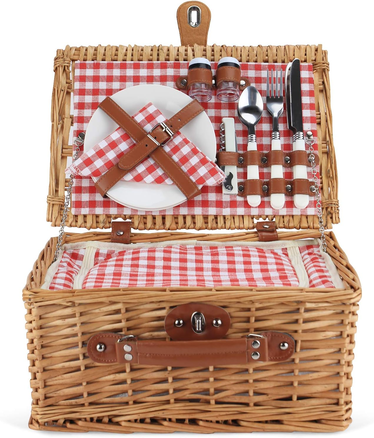 Wicker Picnic Basket for 2, Willow Hamper Basket Sets with Insulated Compartment, Handmade 2 Person Picnic Basket Classical Red Check with Utensils Cutlery Perfect for Picnic, Camping image number 1