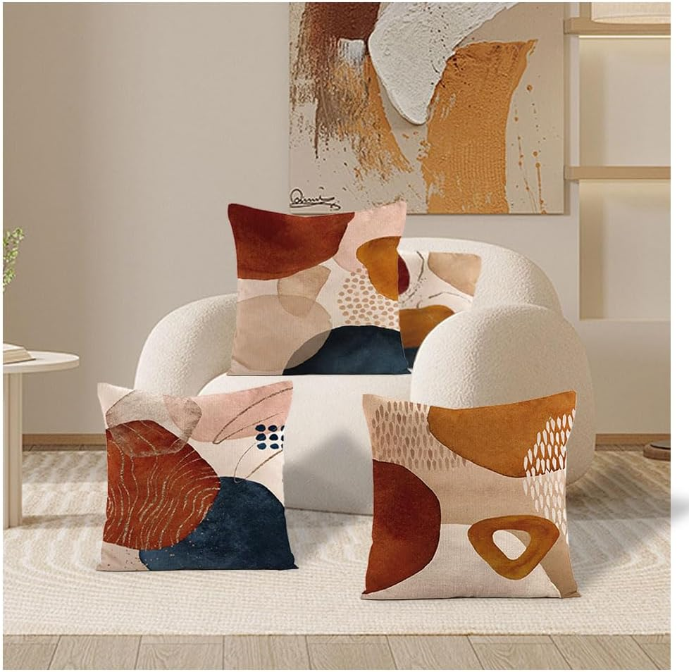 4Pcs Boho Cushion Cover, 45 X 45 Cm,Mid Century Abstract Aesthetic Navy Blue Burnt Orange Cushion Covers Geometric Minimalist Modern Art Linen Cushion for Sofa Couch Home image number 1