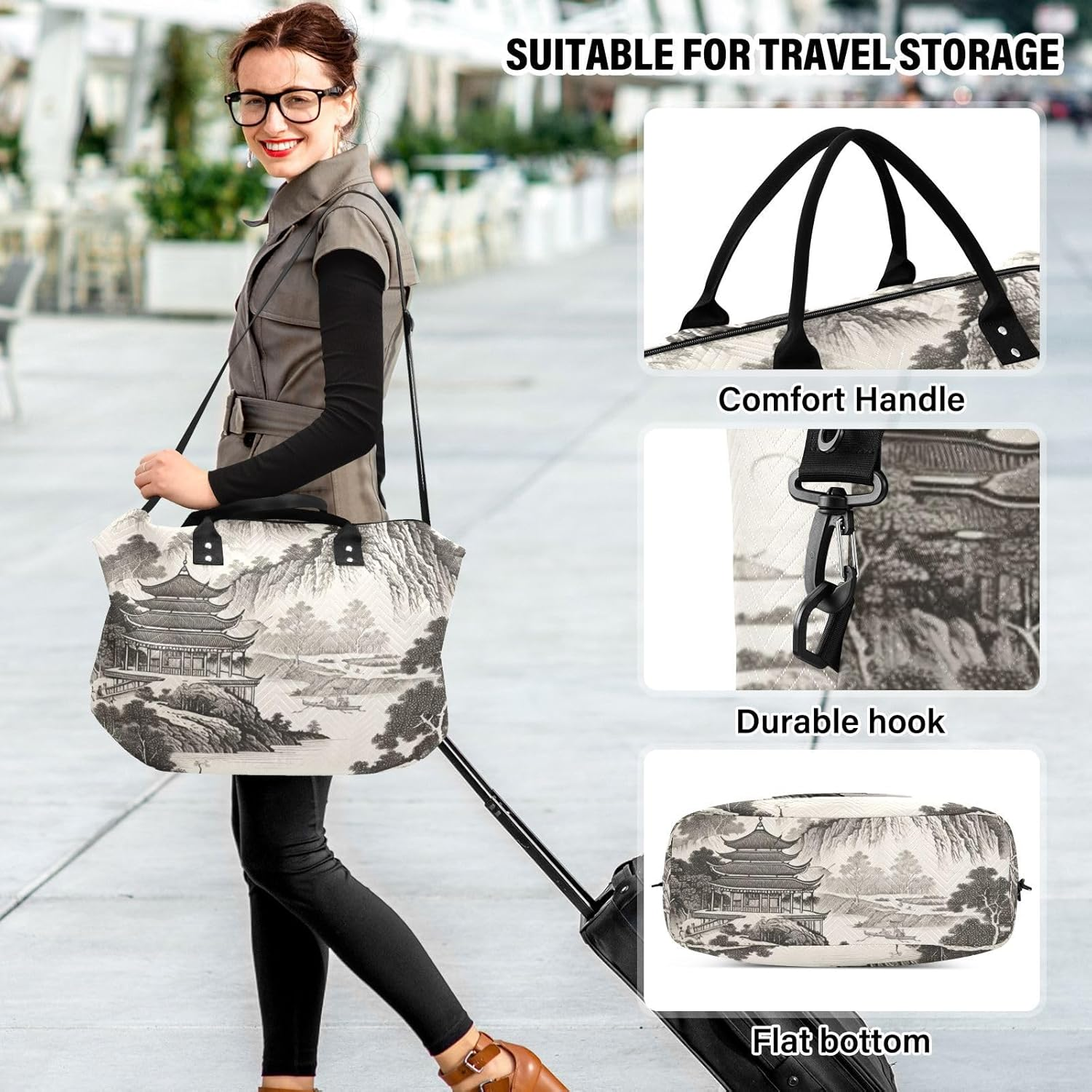 XYMZR Large Travel Duffel Bag, Chinese Landscape Paint Sports Tote Gym Bag, Shoulder Weekender Overnight Bag for Women Men, Carry on Luggage with Toiletry Bags, Multi-Colored image number 1