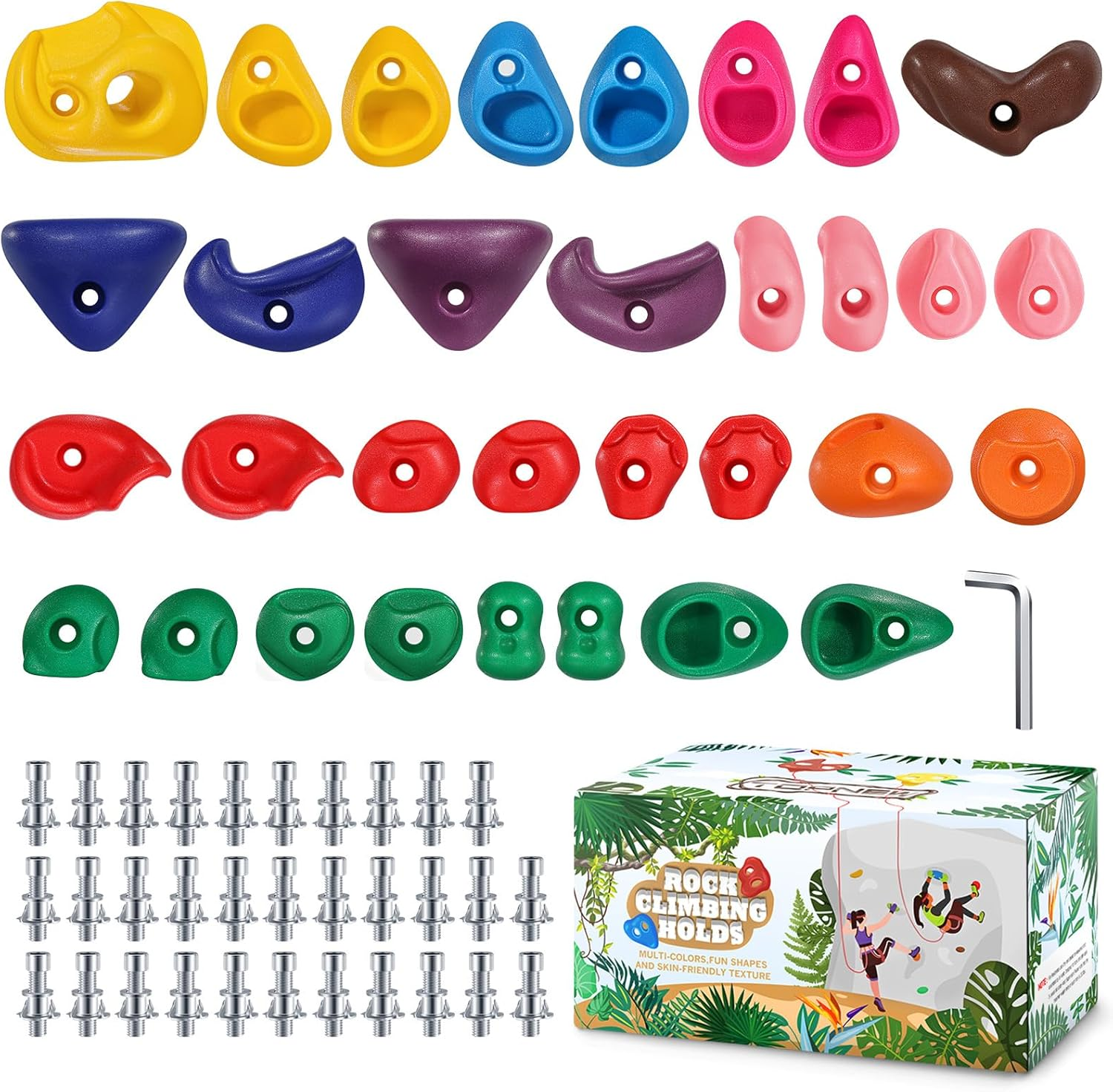 TOPNEW 32 Rock Climbing Holds Multi Size for Kids, Adult Rock Wall Holds Climbing Rock Wall Grips for Indoor and Outdoor Playground Play Set - Includes 2 Inch Mounting Hardware image number 6