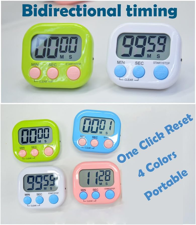 4 PCS Digital Timer Set with Magnetic Back & Stand, 100-Minute Count Up/Down Timer, Large LCD Display, Digital Timers Loud Alarm Kitchen Timers for Cooking Minute Second Count up Countdown (4, Color) image number 2