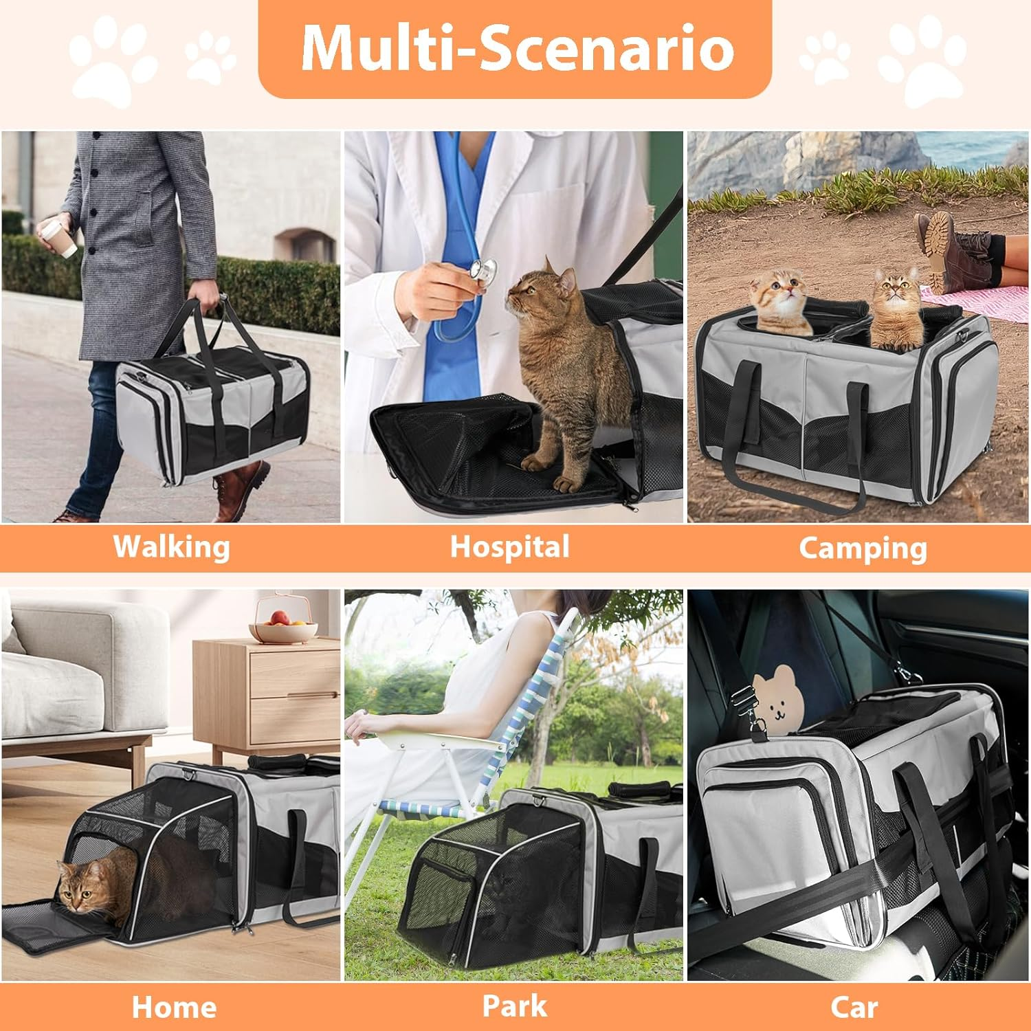 Cat Travel Carrier with Litter Box, Expandable Cat Carrier for 2 Cats for Traveling, Soft Sided Pet Carrier for Cats and Dogs up to 30Lbs, Grey image number 4