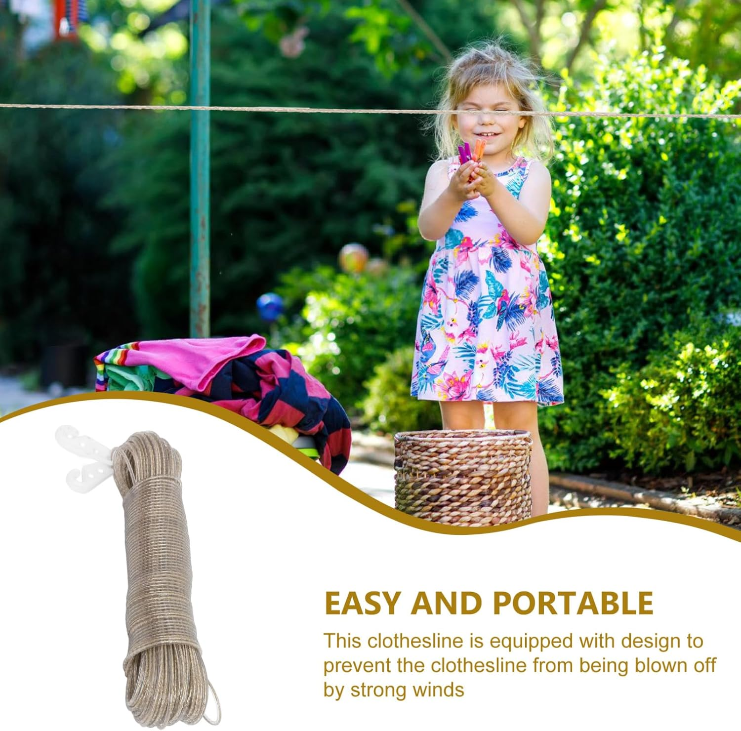 Luxshiny 50M Heavy Duty Steel Core Clothesline: Extra Strong Clothes Line Wire with 2 White Hooks Clothes Line Cord for Indoor Outdoor Garden Camping Use image number 2