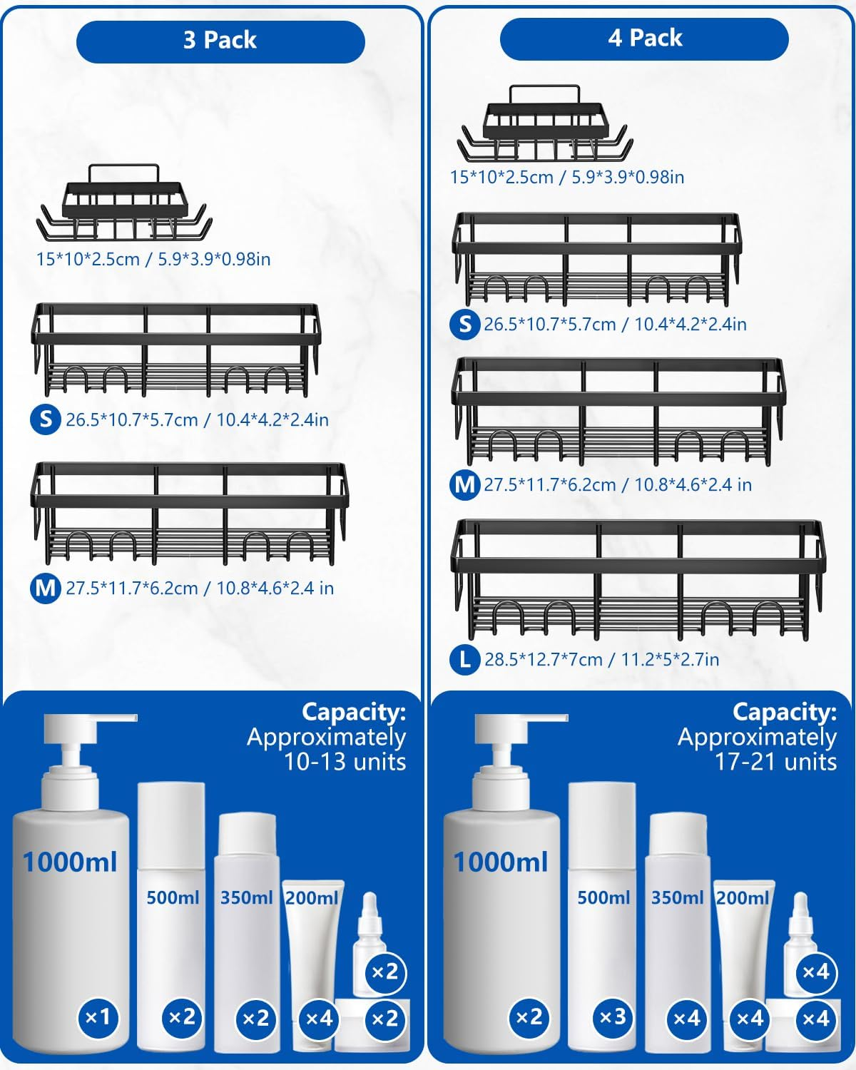 Acemining Shower Shelf without Drilling, 3-Pack Shower Shelf, Black Bathroom Shelf for Self-Adhesive, Rustproof Shower Organiser, Shower Soap Holder, Bathroom Accessory image number 5