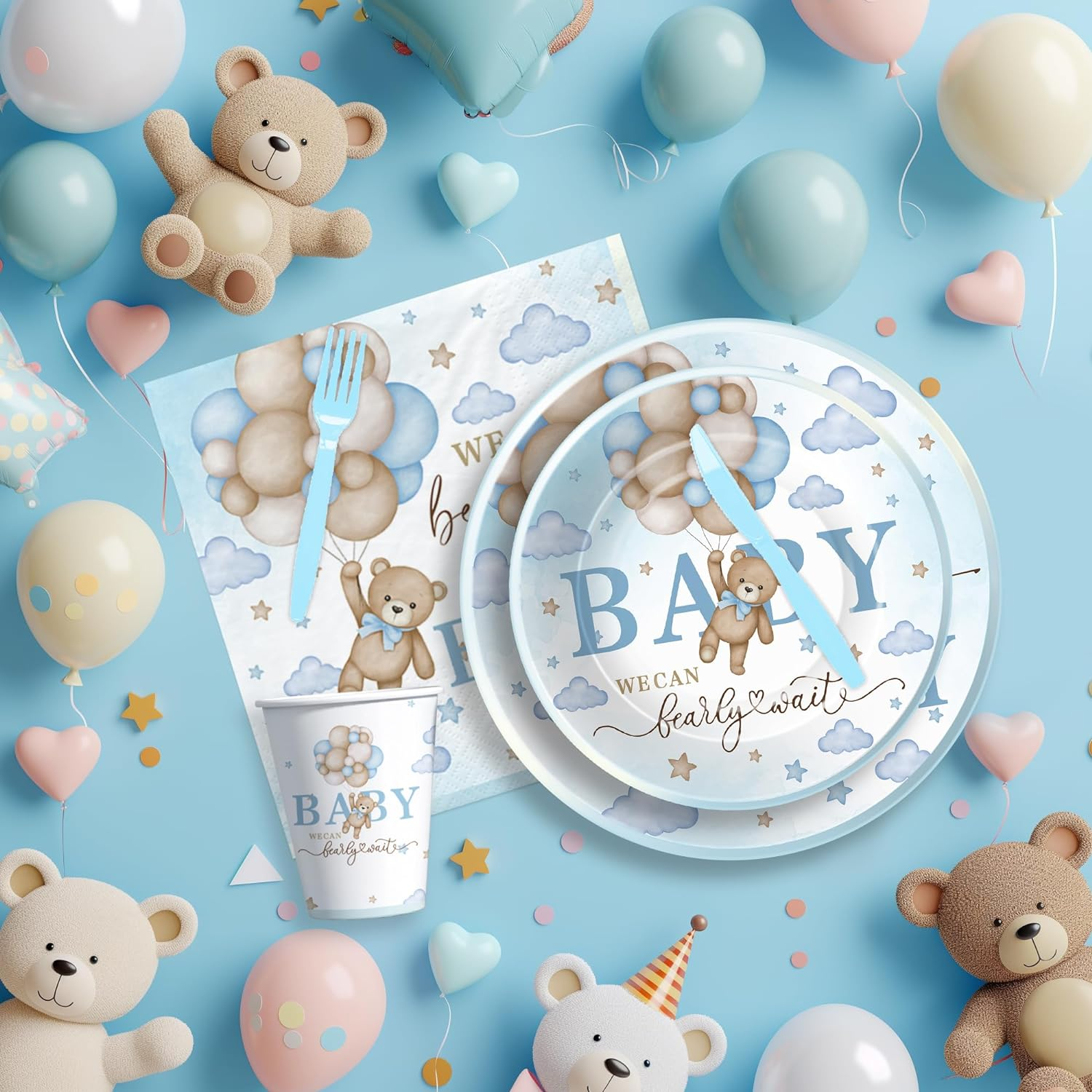 Suhelkit Blue Bear Baby Shower Party Plate, Napkins, Cup and Cutlery Set image number 1