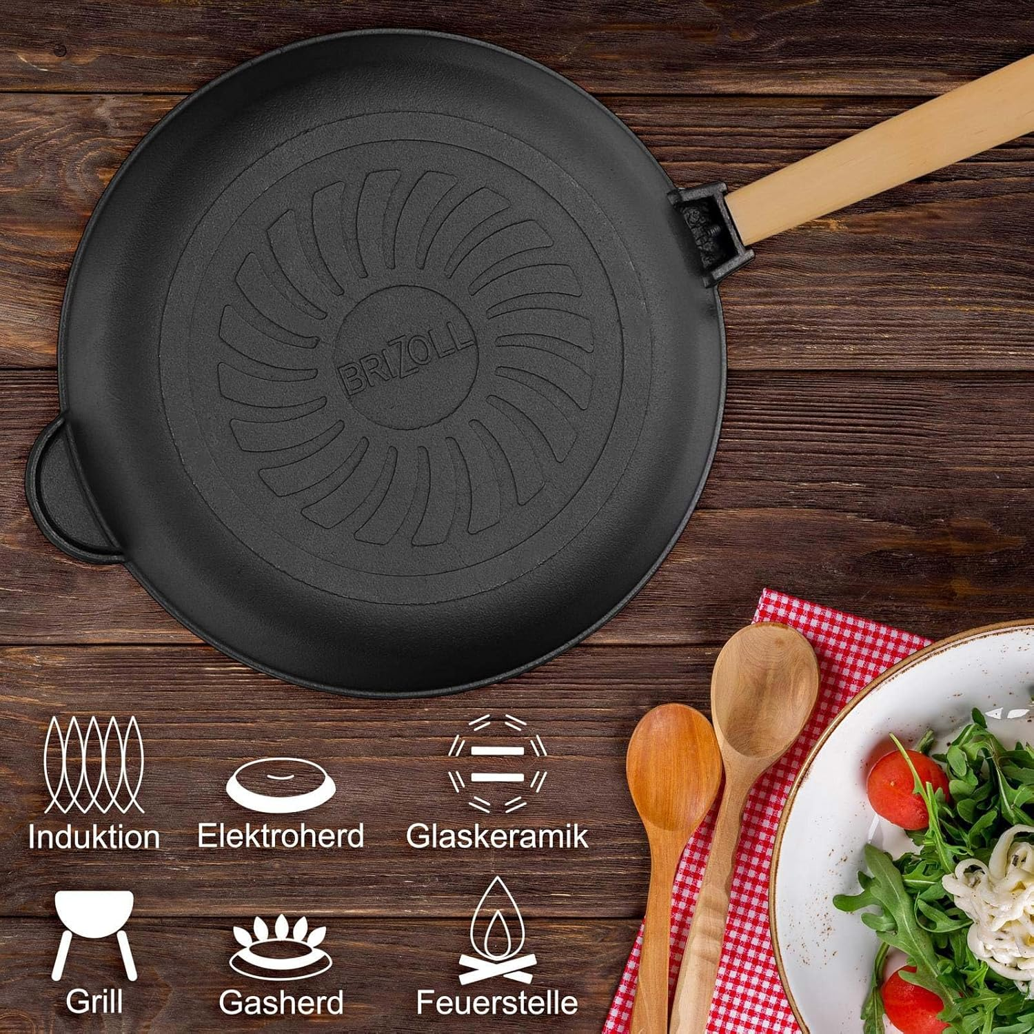 4Big.Fun Cast Iron Pan Diameter 24 Cm with Wooden Handle Removable 62 Mm High Cast Iron Frying Pan Steak Pan Cast Iron Pan Fire Pan Gas Grill Oven Fire Pit All Types of Cookers Induction image number 4