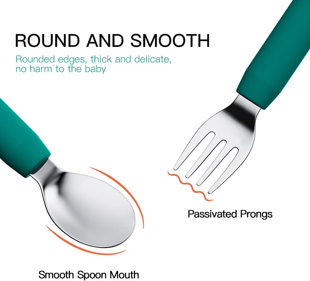 SFCCMM Baby Forks and Spoons Set Baby Training Utensils Self Feeding Toddler Silverware Silicone and Stainless Steel Kids and Toddler Utensil (Green Dinosaur - Long) - Pink Dinosaur - Long image number 3