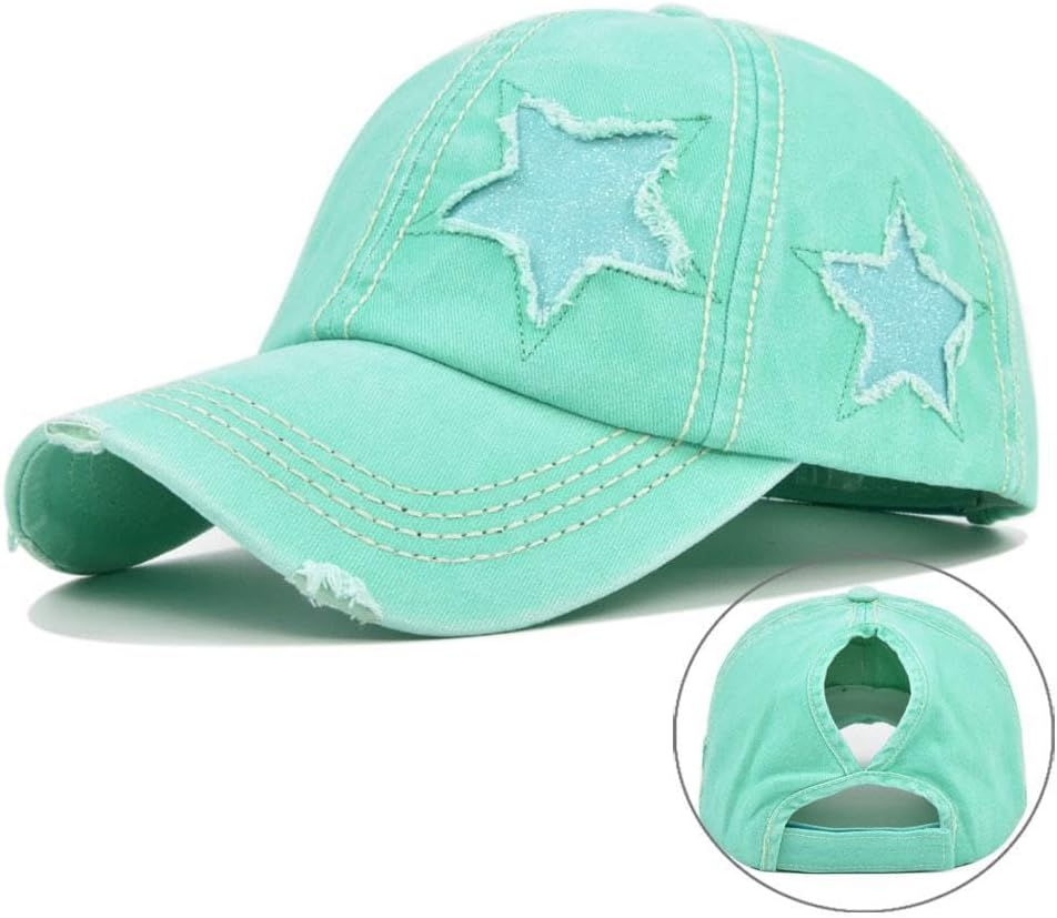Womens Ponytail Baseball Cap Vintage Style Baseball Cap Distressed Star Design image number 6