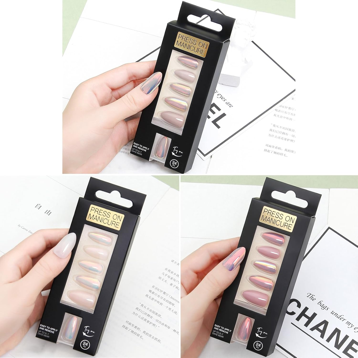 French Press on Nails,Short Almond Fake Nails,Reusable Stick on Nails in 12 Sizes-24 PCS Soft Gel Nails Kit, ABS Natural Fit, Salon-Quality,Elegant Moments image number 5