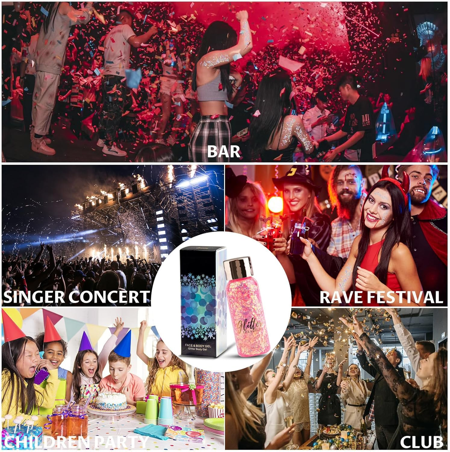 Body Glitter Gel, Face Glitter Gel,Intense Glitter Makeup Face Glitter Gel,Chunky Glitter for Eye Lip Hair Sparkling Body Glitter Gel for Women,Rave Glitter Festival Accessories（Pink） image number 2