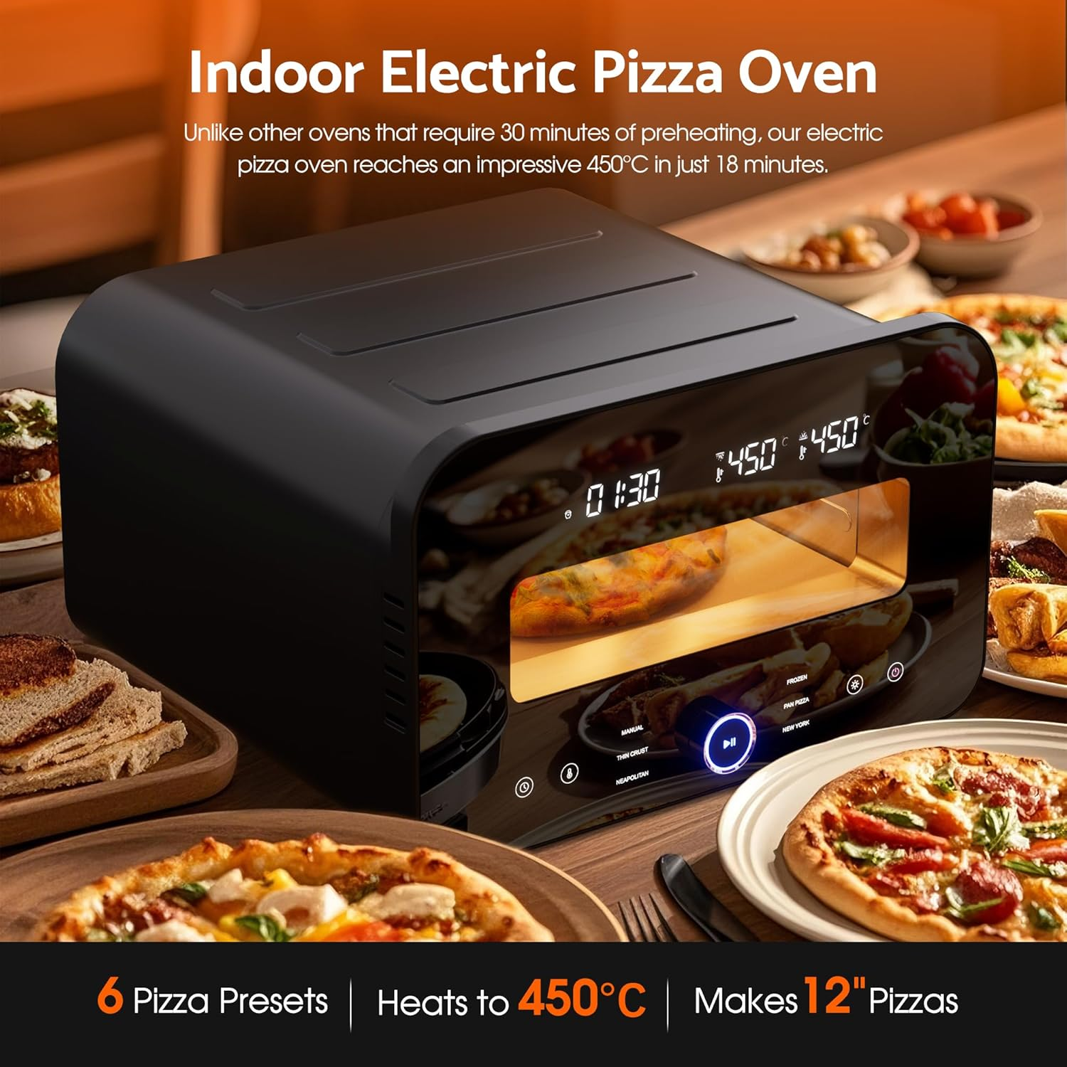 Advwin Electric Pizza Maker, 1700W Countertop Pizza Oven with 6 Presets, Indoor Versatile Smart Pizza Cooker for 12" Pizza | 80-450℃ | Pizza Stone and Peel image number 4