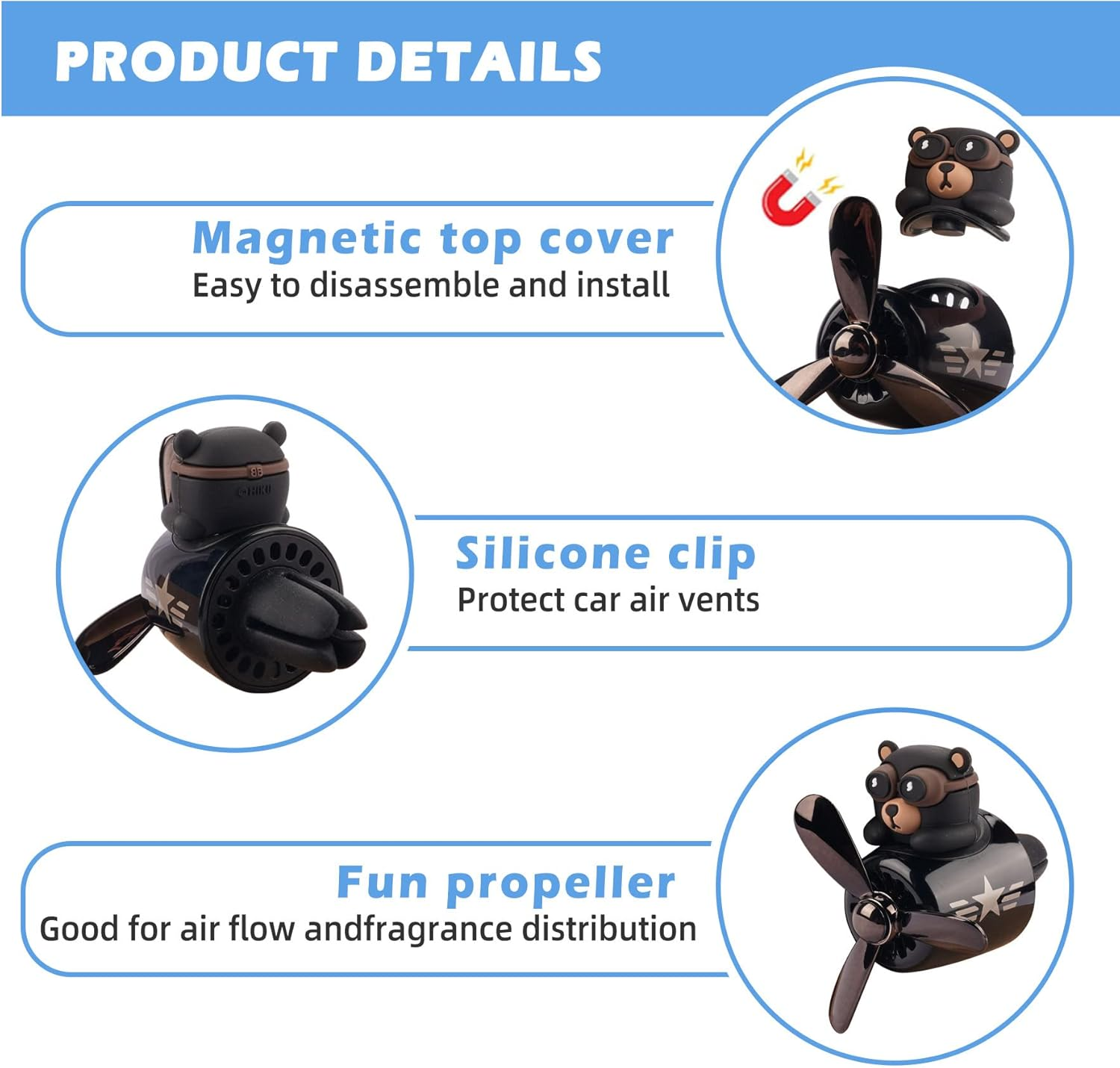 Jimtyee Car Air Freshener Cute Cartoon Bear Pilot Car Diffuser Rotating Propeller Automotive Air Outlet Fan Creative Car Perfume Decoration Cool Car Accessories - 10 Packs-Jasmine image number 2