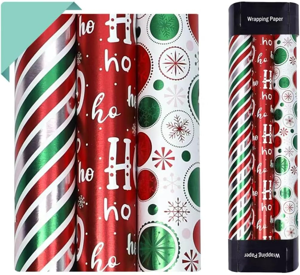 SUPNBDM Christmas Wrapping Paper, Kraft Wrapping Paper for Xmas Day,3 Rolls, 45Cm Width 3M Length Each,With Classical Xmas Pattern Lucky Red,Christmas Wedding Birthday Gift Wrapping Paper (Red, Green)