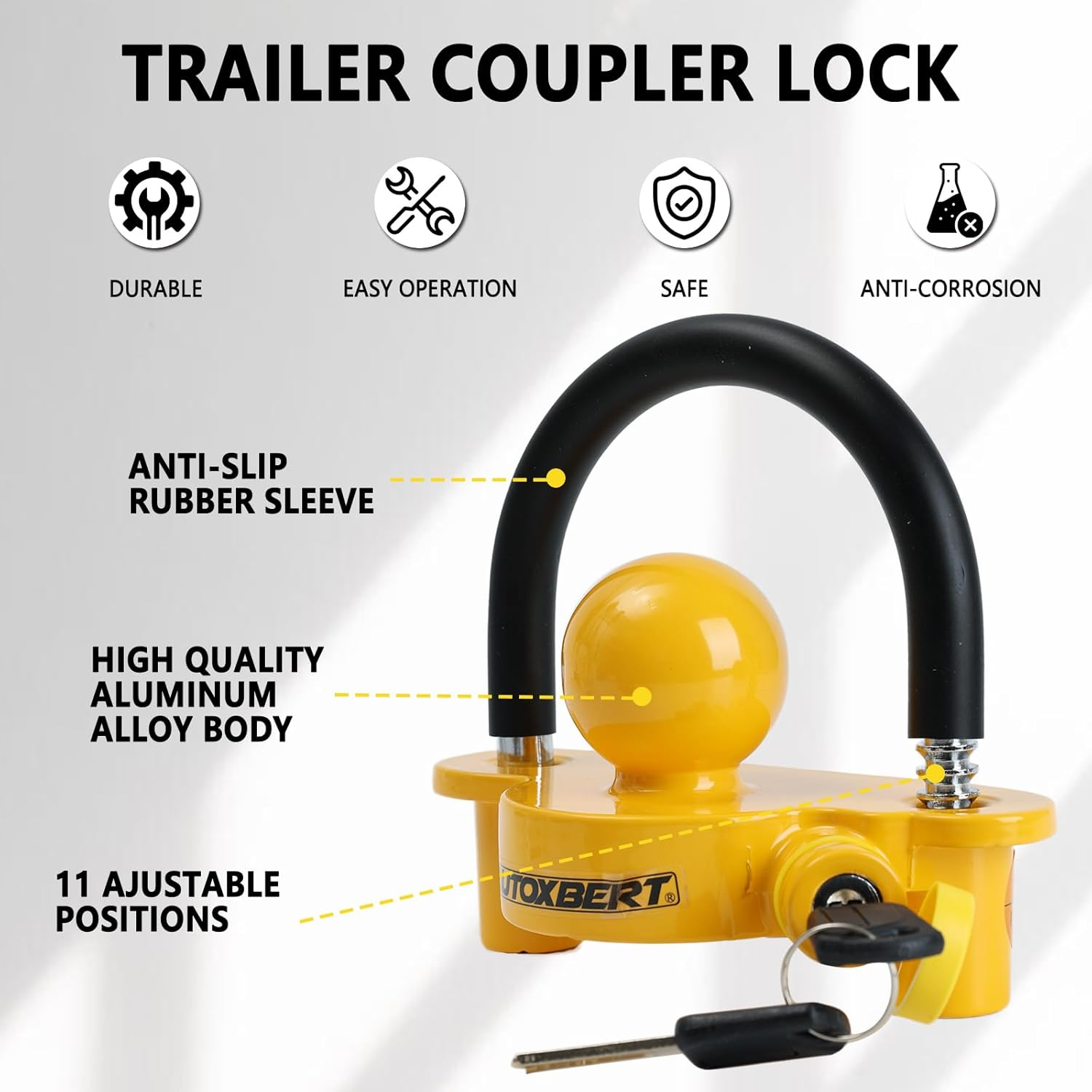 Universal Trailer Coupler Lock Anti-Theft Ball Hitch Trailer Lock Adjustable Security Heavy Duty Caravan Lock Fits 1-7/8",2&rdquo;, 2-5/16" with Protective Cover and Keys image number 1