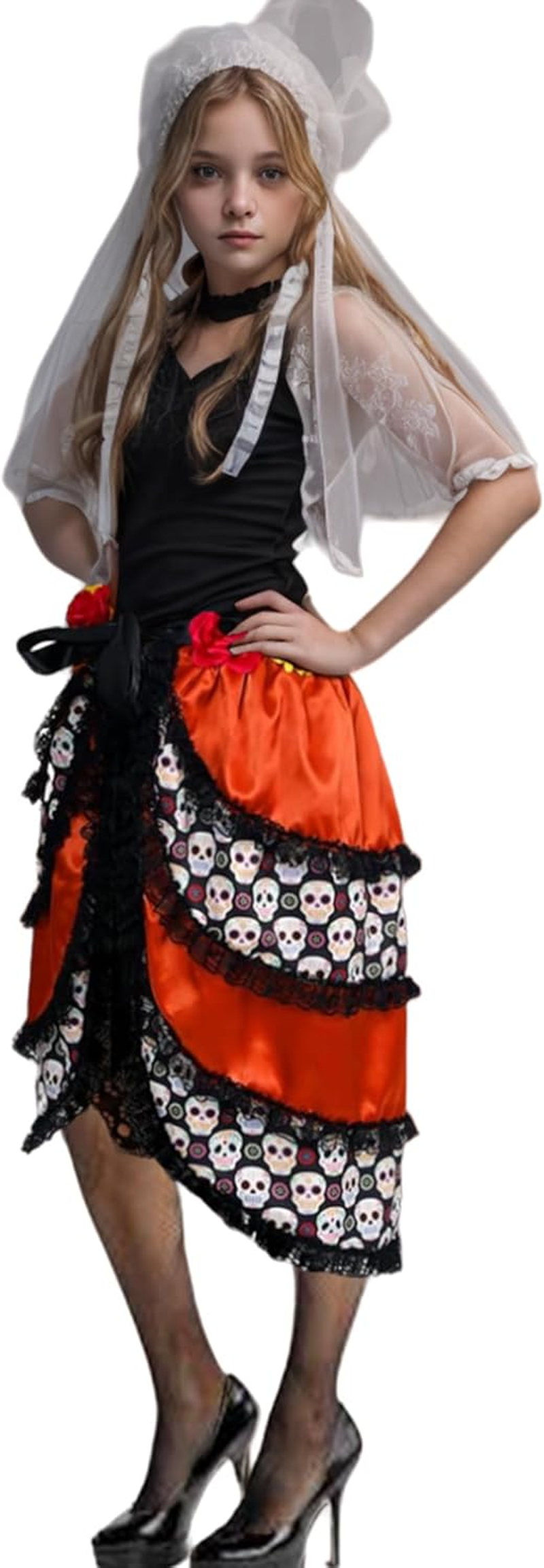 Day of the Dead Costume Adult Halloween Costumes for Women with Flower Headpiece and Fishnet Stocking image number 2