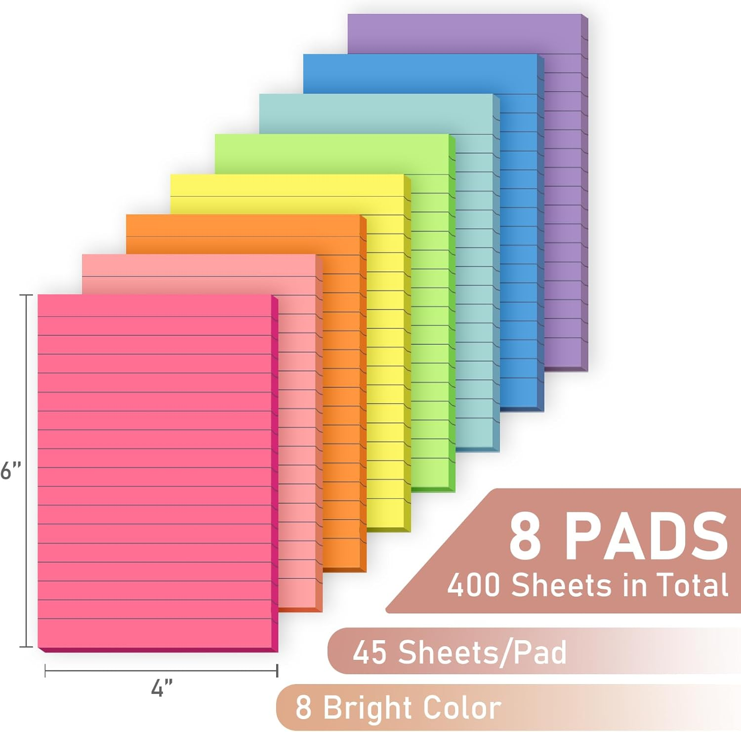 8 Pads Lined Sticky Notes 4X6 Inches,Bright Colors Self-Stick Pads, Solid Color Premium Sticky Pads,Easy to Post for Home, Office,School, Notebook, 45 Sheets/Pad-Bright Lined image number 2