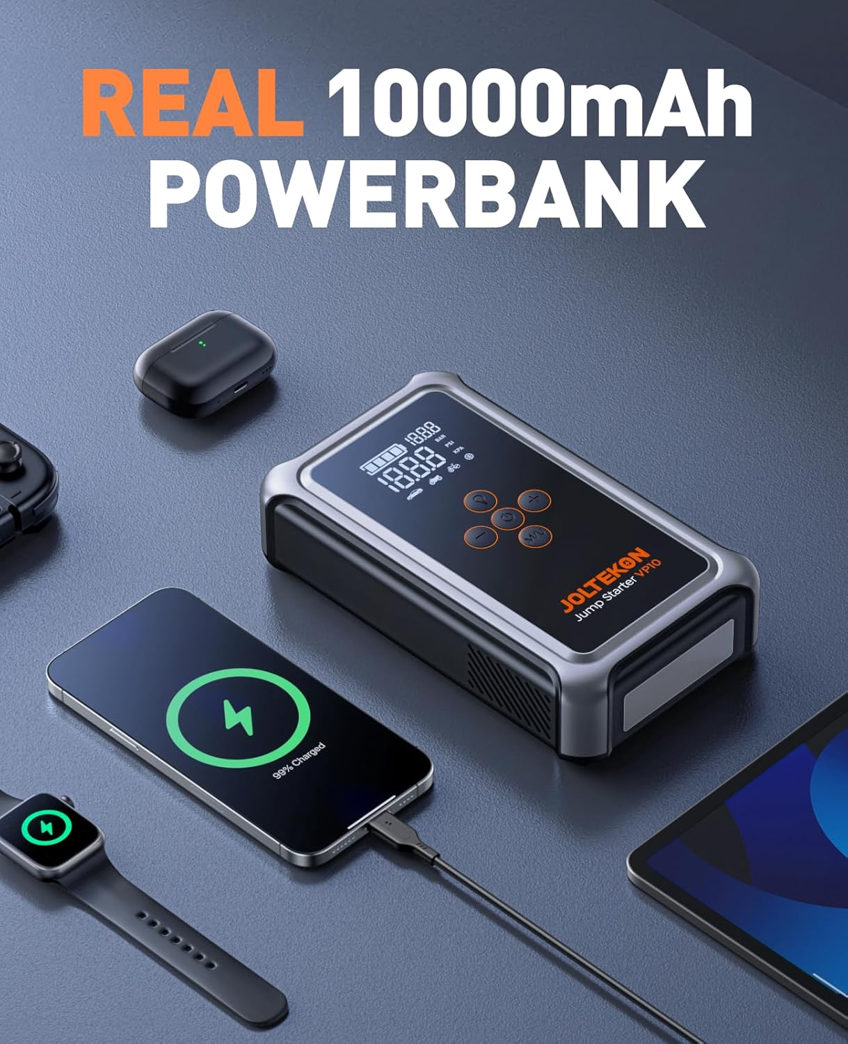 JOLTEKON Car Jump Starter with Air Compressor, 5000A Peak 150PSI Car Battery Jump Starter for All Gas/ 10L Diesel, 12V Car Jumper Starter Power Bank Charger Portable with Display, Emergency Light image number 2