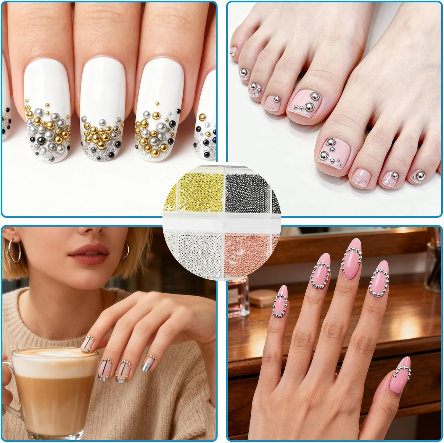 Teccfly Premium DIY Nail Charms, Nail Pearls& Metal Caviar Beads,Accessories for Face Art & Crafts (Gold, Silver, Rose Gold, Gun Gray)