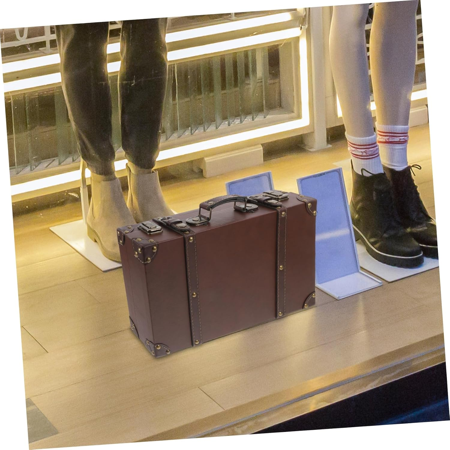 Outanaya Vintage Style Leather Trunk Luggage Small Brown Photo Props Decorative Storage Box Retro Suitcase for Clothing Store Window Display image number 2