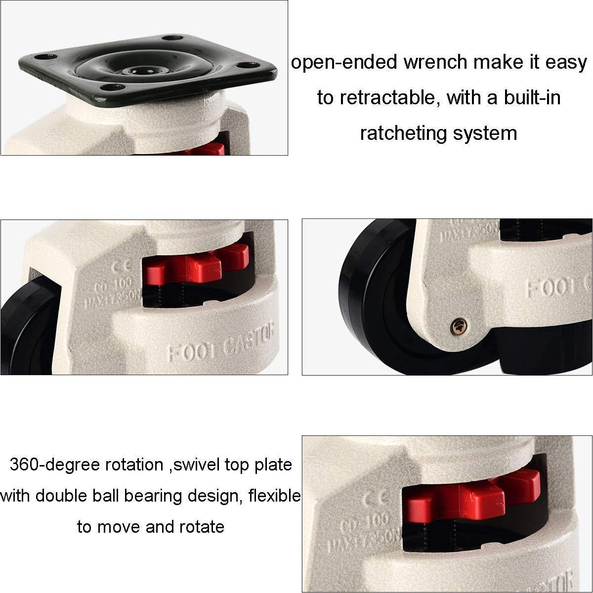 Lehom Leveling Casters Wheels 4 Pack Industrial Machine Swivel Caster Wheels 80F Heavy Duty Plate Mounted Leveling Machine Retractable Workbench Nylon Wheel Rubber Foot