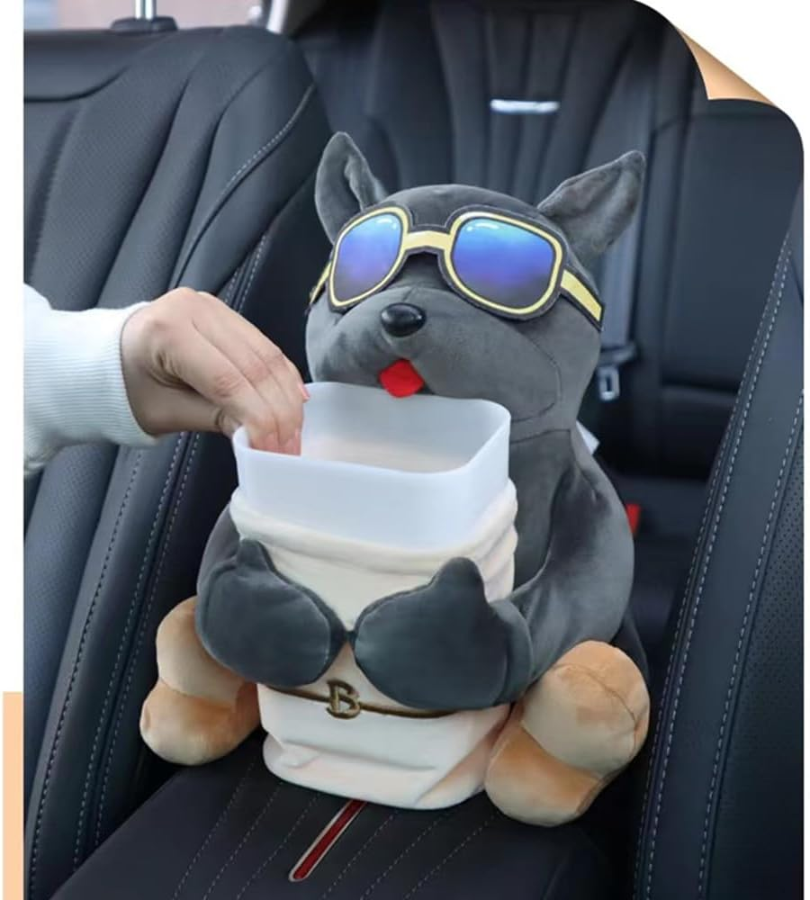 YJPPDD Multifunctional Car Trash Can and Storage Box, Cute Grey Dog Tissue Box, Creative Animal Cartoon Decorative Organizer image number 5