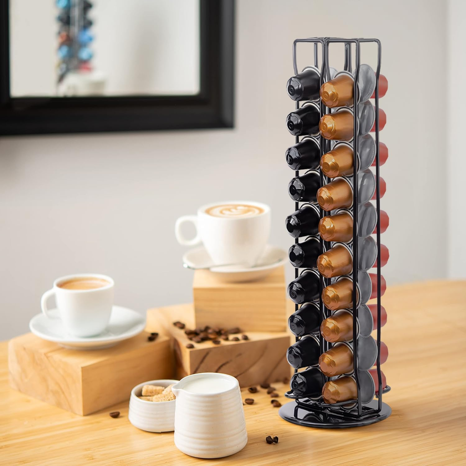 Coffee Pod Holder for Nespresso Pods, 40 Capsule Capacity, 360&deg; Rotating Coffee Pod Storage Tower Stand, Black, Rust-Proof, Soft Base, 37Cm High, Ideal Coffee Pod Holder for Kitchen, Office, Canteen image number 6