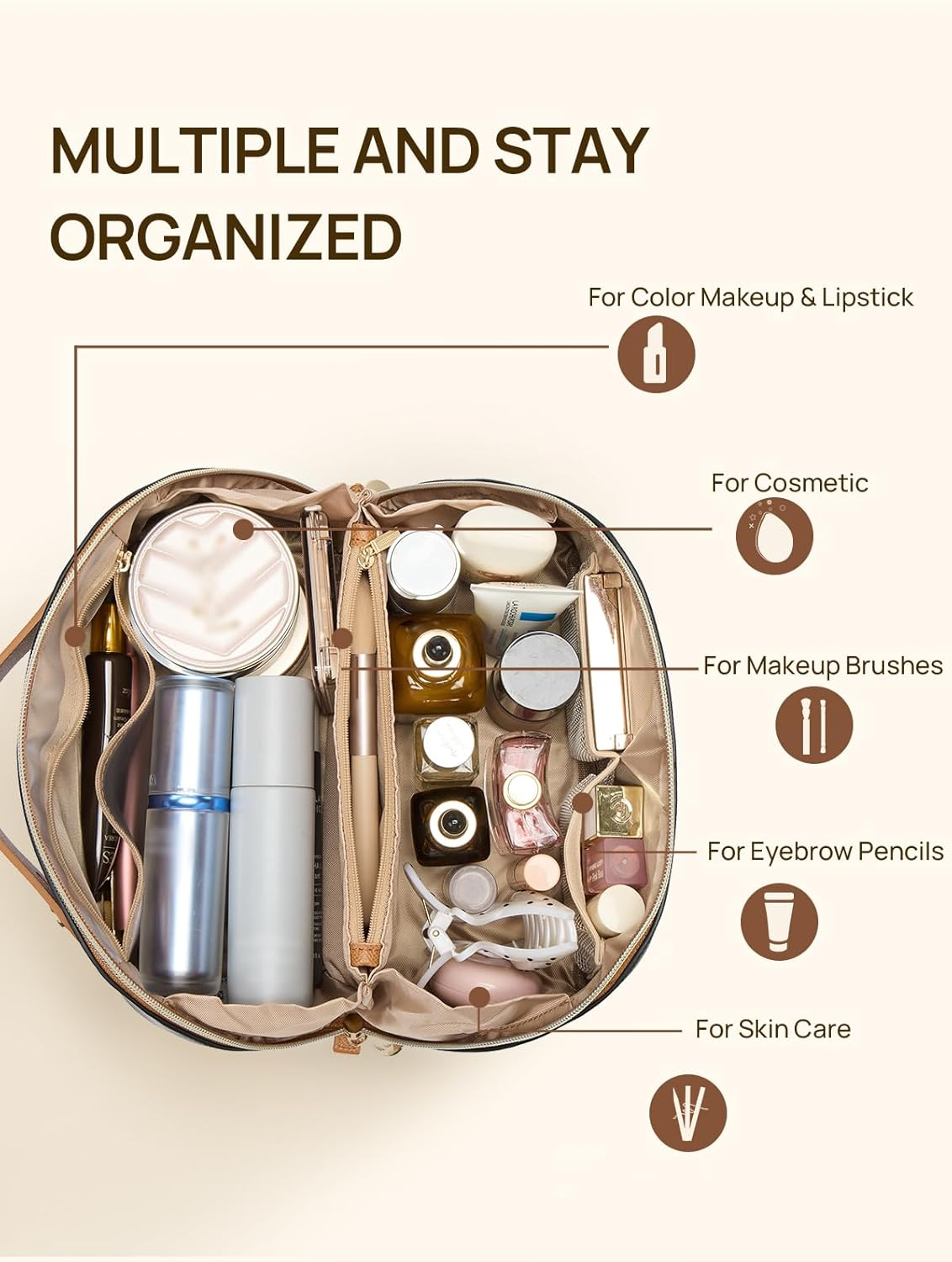 DDPOND Makeup Bag Large Capacity Travel Cosmetic Portable PU Leather Water Resistant Organizer Bags for Women with Handle and Divider Open Flat Beige with Brown image number 3