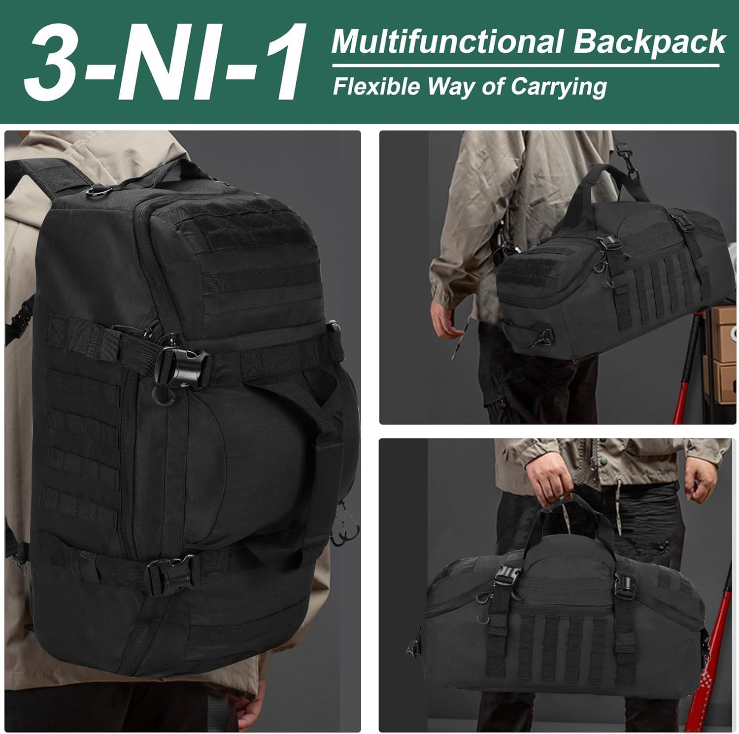 PAIWPHLI Gym Bag Duffle Bags Backpack Travel Duffle Bag with Weekend Overnight Bag for Outdoor Camping Hunting, Black, 80L, Duffel Bag image number 3