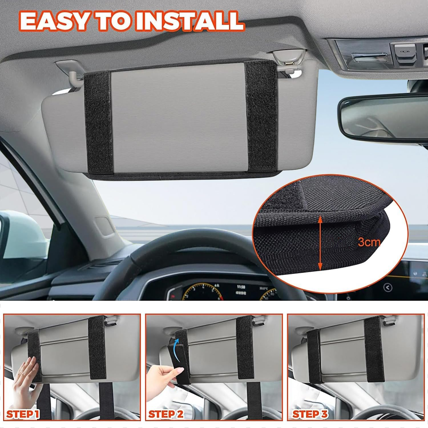 Molle Car Visor Organiser, Ultra-Slim Dashboard Storage Pouch with Elastic Loops & Mesh Pocket for Cards, Pen, Flashlight - Universal Fit for Cars, SUV, Trucks and More image number 2